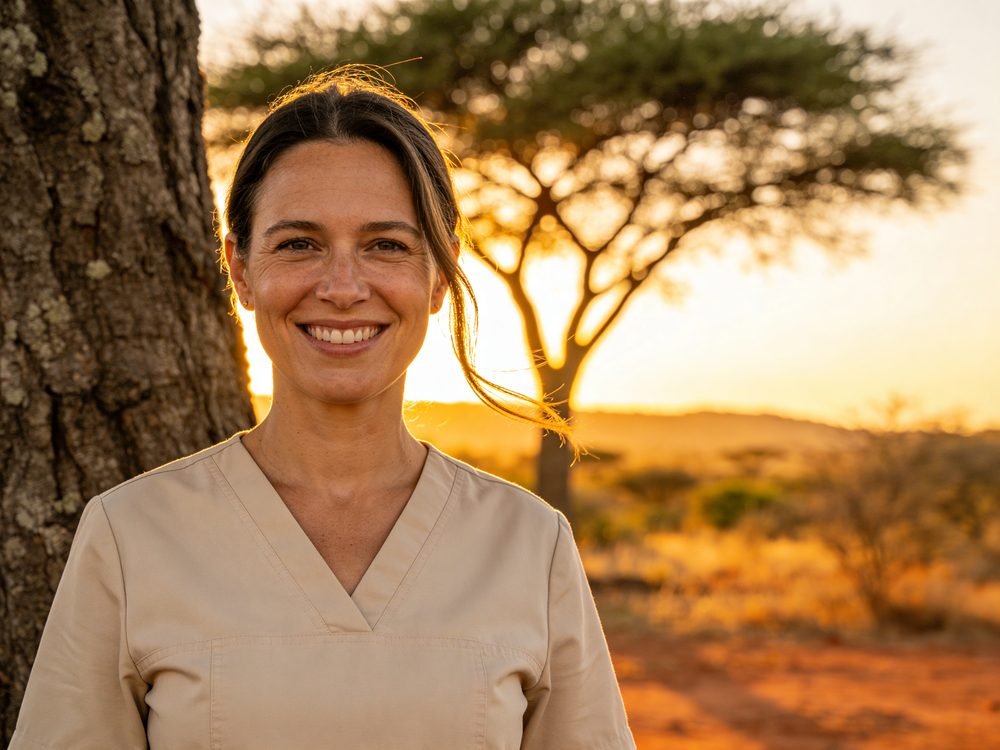 Victoria von Thuta smiling in front of an acacia tree at sunset in Namibia