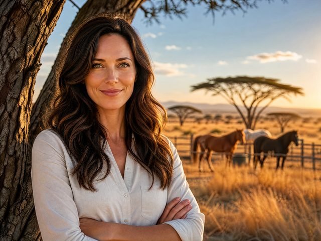 Victoria von Thuta leaning against an acacia tree on the Namibian savanna at golden hour, with horses grazing behind her