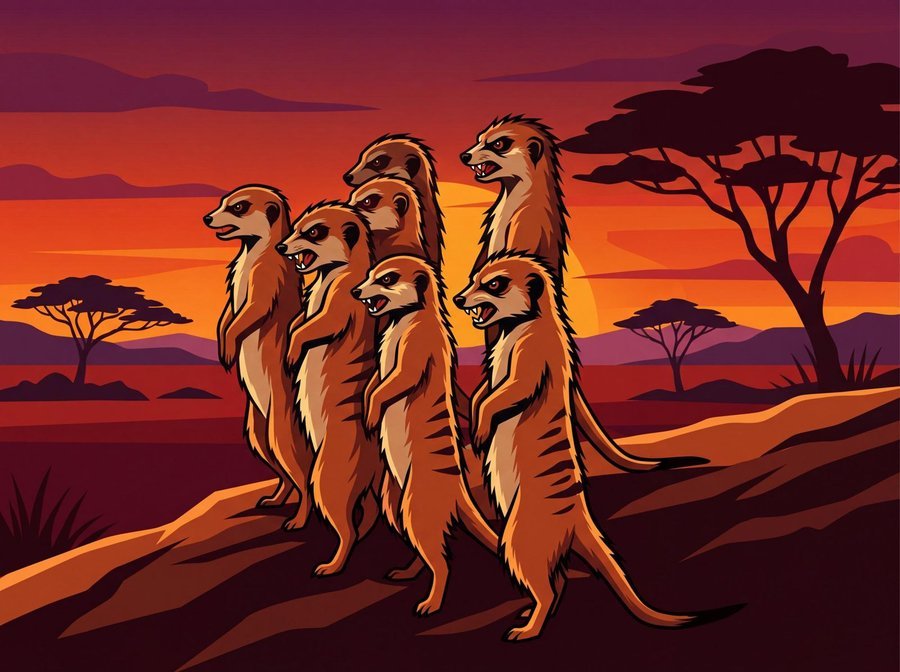 Meerkats keeping watch at sunset over the Namibian savanna